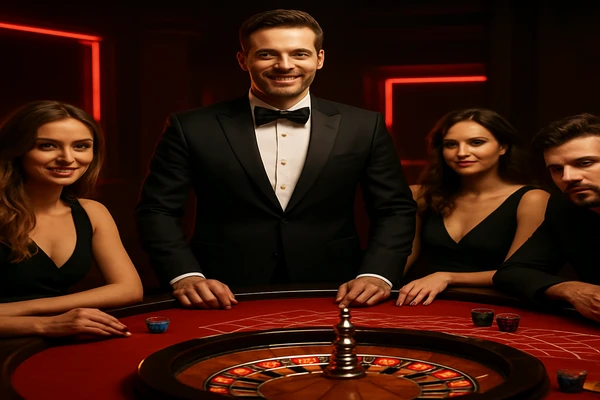 একজন পুরুষ 333okএর অনলাইন গেম খেলায় জয়ের আনন্দ উদযাপন করছেন; চারপাশে গেমিং প্রতীকগুলো ভেসে উঠছে